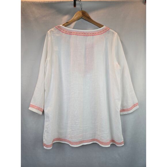 J. Jill White Linen Embroidery Peasant Boho Tunic Top Coastal White Coral Medium - Picture 3 of 7